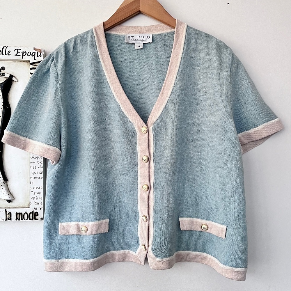 Vintage St John Collection Wool Knit Blue Short Sleeve Cardigan Size 14